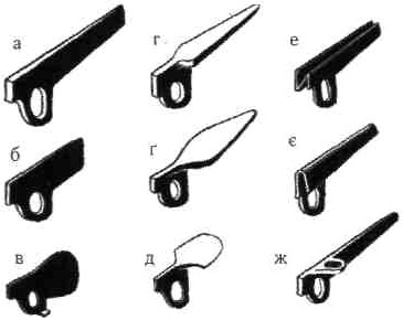 Рис. 5.39. Скельні крюки: а, б, в - вертикальні; г, ґ, д - горизонтальні; е - N-подібний; 