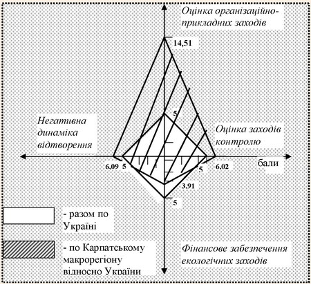 Графічне зображення оцінки ефективності ВПРР Карпатського макрорегіону у розрахунку на 1 кв.км. за бальною системою
