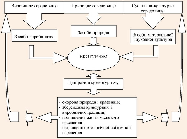 Взаємозалежність між цілями розвитку екотуризму та засобами середовища