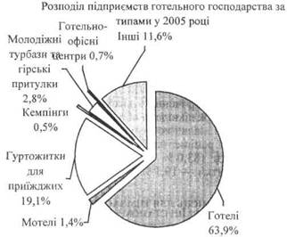 Розподіл підприємств готельного господарства за типами у 2005 році