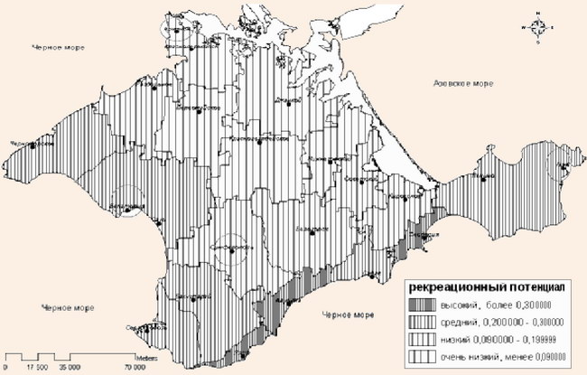 Типы территорий Крыма по уровню обеспеченности рекреационным потенциалом