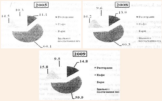 Питома вага різних груп підприємств ресторанного господарства в цілому по галузі за період 2005-2009 рр.